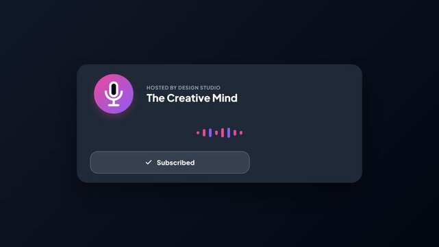 Animated podcast interface with microphone icon and audio waveform, transitioning to a subscribe button and notification bell, symbolizing content creation, audience engagement.