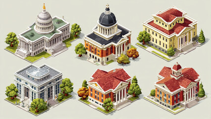 Set of six colorful miniature government buildings with classical architecture and domes © Badrul Ay