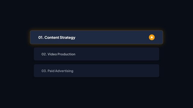 Animated list of business strategy steps with glowing highlights, showcasing content strategy, video production, and paid advertising, representing a digital marketing workflow and growth.