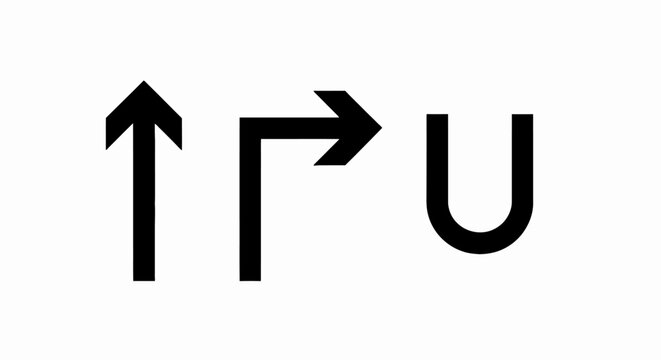 Essential vector arrow icons depicting straight, right turn, and U-turn directions, ideal for creating intuitive navigation, informative signage, and modern graphic design layouts