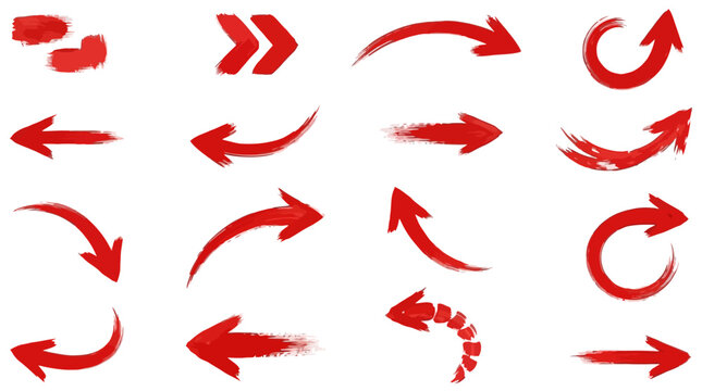 Dynamic set of hand-painted red brush stroke arrows, offering versatile directions and expressive movement for creative graphic design and user interface elements