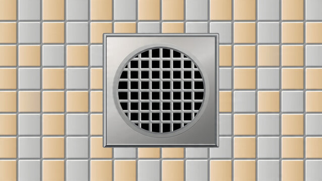 Close-up of metallic ventilation grate on tiled wall with beige and cream colors