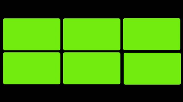 Green screen video wall panels appearing sequentially with rounded corners on black background for multi screen video editing and montage creation.