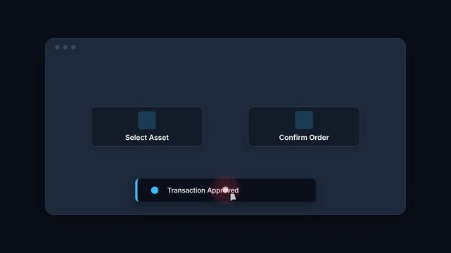 Digital User Interface Interaction, Cursor Clicking Buttons on Screen, Transaction Approved Notification, Representing Online Commerce, E-commerce, Digital Transactions, and User Experience.