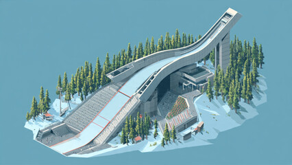 Modern ski jump facility with snowy slopes surrounded by pine trees and clear blue sky © Badrul Ay