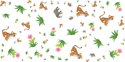 Obraz premium Floral animal pattern with tigers elephants and tropical foliage