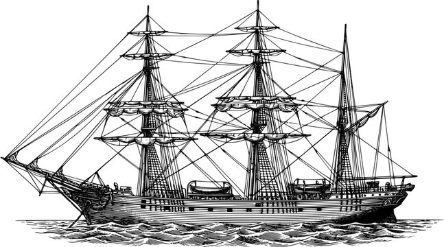 Vintage engraving style illustration of a large three-masted sailing ship on ocean waves