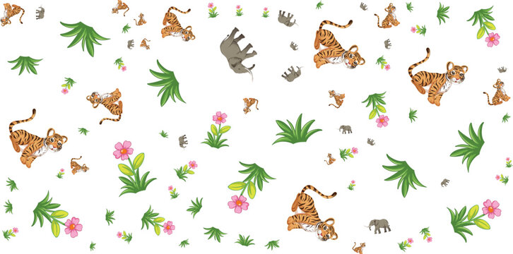 Floral animal pattern with tigers elephants and tropical foliage