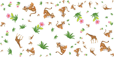 Floral animal pattern with tigers leopards giraffe and tropical foliage © SBD