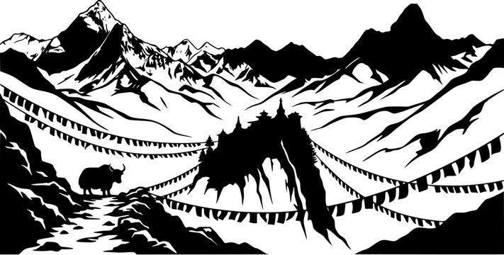 Himalayan landscape silhouette with a yak on a mountain path and traditional prayer flags surrounding a Tibetan monastery
