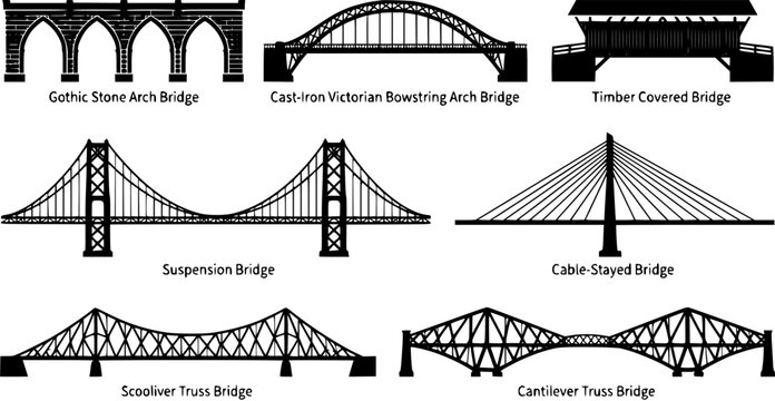 Set of seven architectural bridge silhouettes featuring different structural engineering designs isolated on white background.