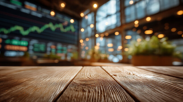 Trading Floor Ambience: A close-up of a rustic wooden table in the foreground with a blurred background of a bustling trading floor, featuring stock market graphs and glowing lights.