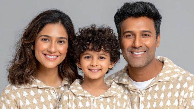Happy family of three in matching tree pattern pajamas smiling for holiday morning family portrait background and festive banner design