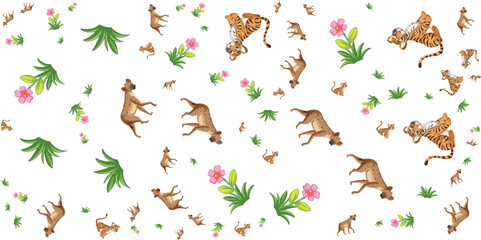Floral ornament with tigers monkeys and cheetahs vector illustration © SBD