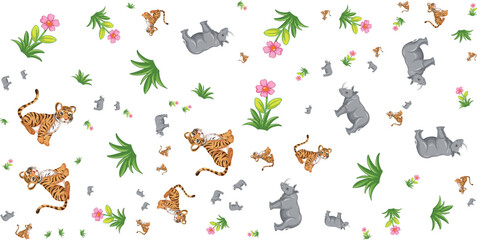 Floral animal Pattern With Tigers Elephants And Rhinos On White Background © SBD