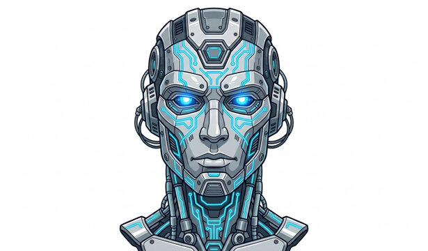 Realistic vector illustration of a futuristic robot head with blue glowing elements, cyborg technology, and sci-fi concepts on a solid white background