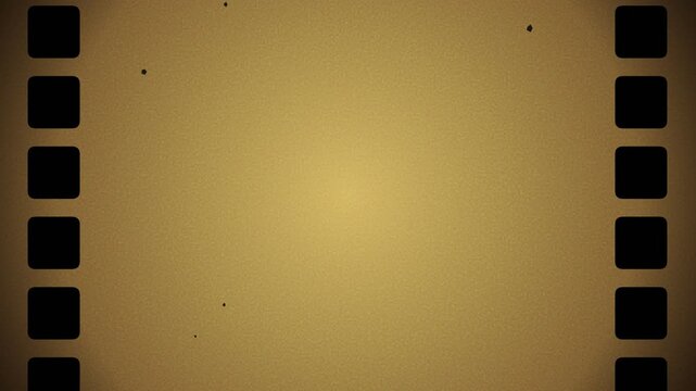 Vintage film strip frame with sprocket holes, flickering dust particles, and authentic grain on sepia gradient background cinematic overlay.