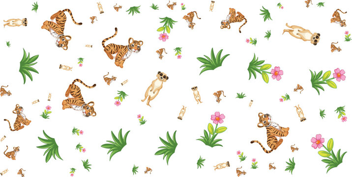 Floral Pattern With Tigers Monkeys And Tropical Leaves