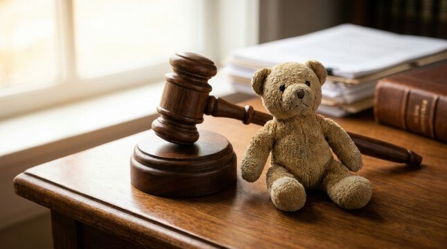 Justice for the Innocent: A teddy bear sits beside a gavel on a wooden desk, symbolizing child protection and legal fairness in a solemn courtroom setting.
