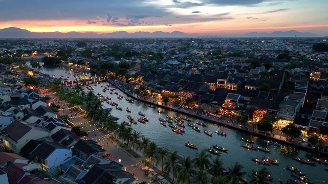 Aerial view of Hoi an ancient town at twilight, Vietnam.