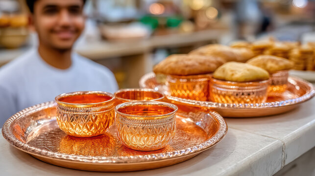 Close view of hammered copper tray with cups and pastries in damascus souq for food market banner and product display