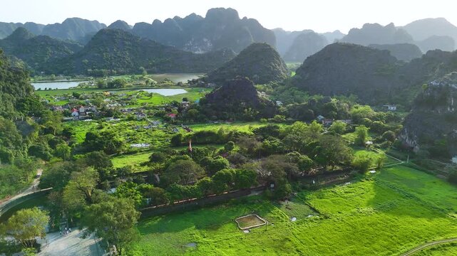 Aerial view of Dinh Tien Hoang Temple in Trang An, Ninh Binh, Vietnam.