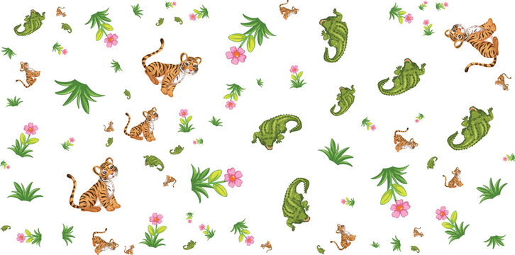Floral and animal pattern featuring tigers alligators and tropical plants