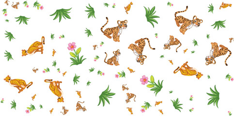 Tiger And Floral Pattern On White Background © SBD