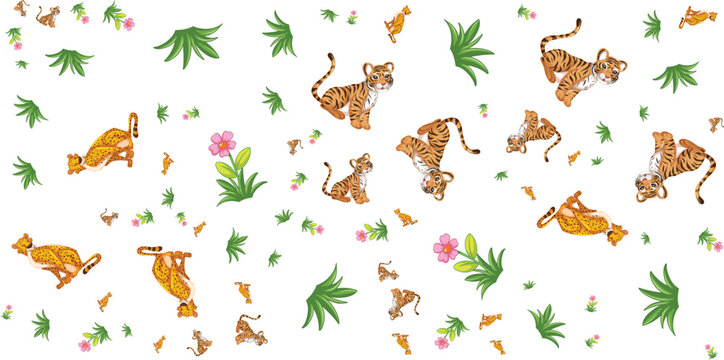 Tiger And Floral Pattern On White Background