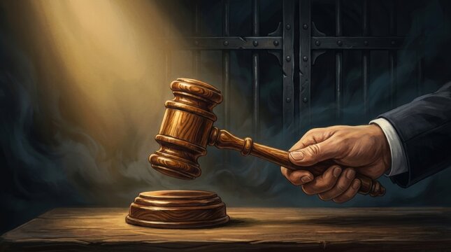 Justice Hammer Strike: A gavel poised to strike, illuminated by a dramatic spotlight, symbolizes the finality of judgment and the weight of legal decisions, set against a shadowy.