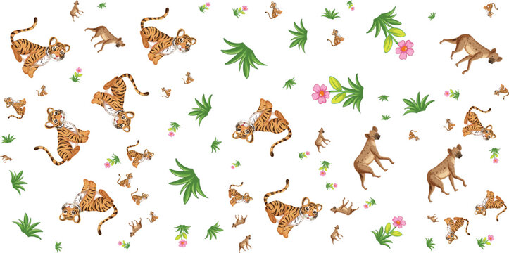 Floral ornament with tigers monkeys and tropical foliage on white background