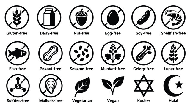 Vector icon set of 18 food allergy and dietary labels including gluten-free, dairy-free, nut-free, vegan, vegetarian, kosher, and halal in a consistent black geometric glyph style for packaging.
