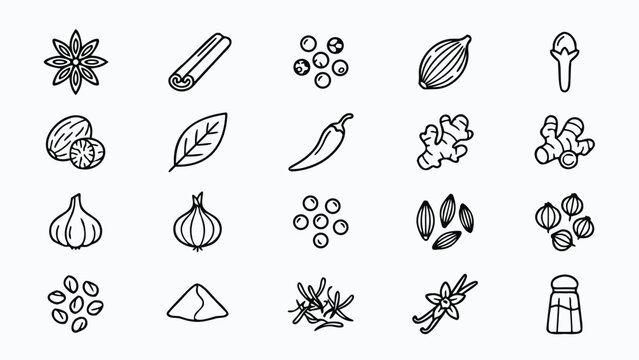 Minimalist Vector Icon Set of 20 Spices and Condiments in a Thin Line Stroke Style Featuring Star Anise Cinnamon Ginger Garlic Chili Vanilla and Salt for Kitchen Cooking and Food Design Projects