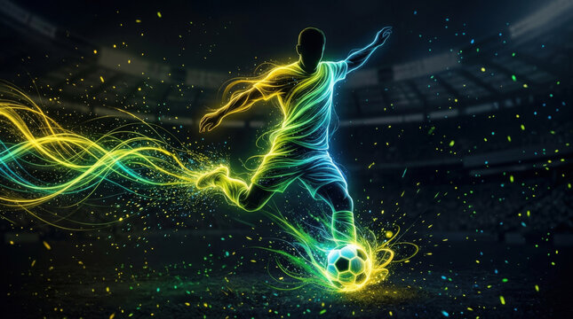 Soccer Player Dribbling the Ball in a Wave of Vibrant Green and Yellow Neon Light, Brasil Colors