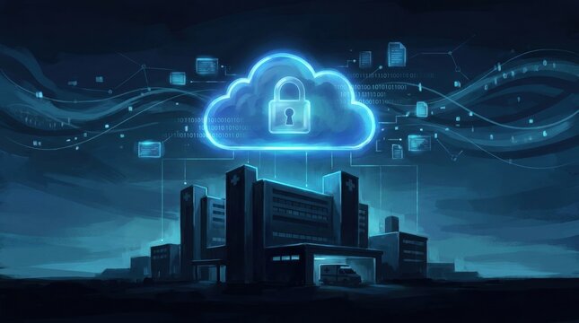 Digital Cloud Security Infrastructure: A futuristic digital illustration depicts a glowing cloud with a security lock symbol above a modern building complex.