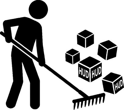 Person raking digital blocks labeled hud