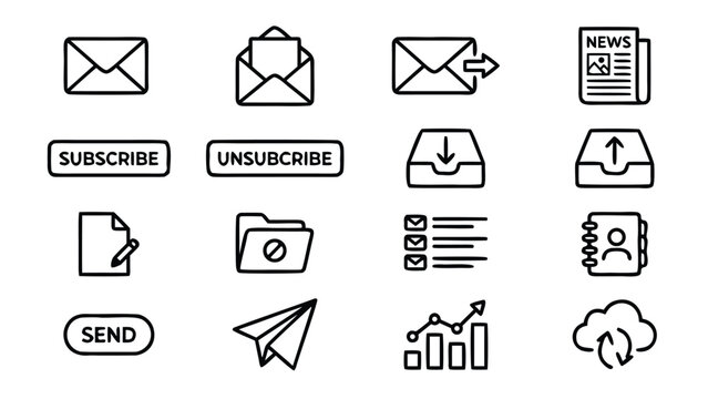 Set of 16 Minimalist Email and Newsletter Line Icons Featuring Envelope, Inbox, Outbox, Subscribe, Unsubscribe, Newspaper, Paper Plane, and Cloud Sync Symbols for Modern Web and App Interface Design