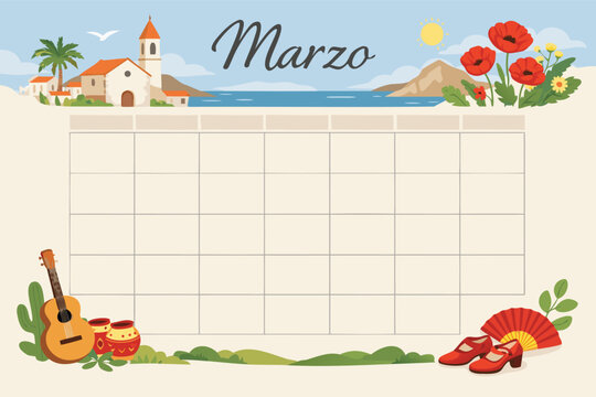 Spanish March 2026 Calendar Page Marzo Monthly Planner Template with Spain Culture Elements like Guitar Flamenco Shoes Fan Poppies Coastal Village Church Sea and Sun Flat Vector Illustration.