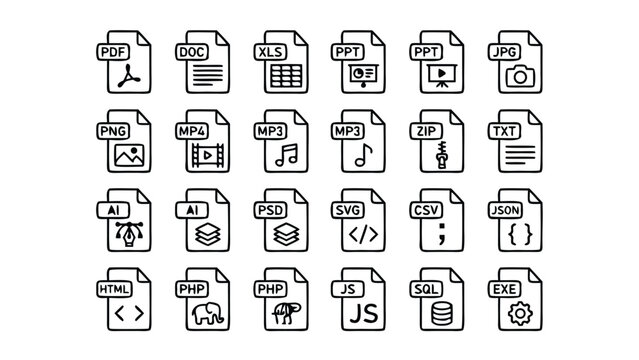 Set of 24 Minimalist File Type and Document Format Line Icons Including PDF, DOC, XLS, PPT, JPG, PNG, MP4, MP3, ZIP, TXT, AI, PSD, SVG, CSV, JSON, HTML, PHP, JS, SQL, and EXE for Web and App Design.