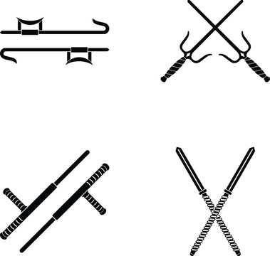 Collection of martial arts weapons including tonfa, sai, hook sword, and swords
