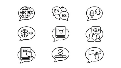 Fototapeta premium Minimalist Line Art Icon Set for Language Learning and Education Featuring Speech Bubbles with Translation, Vocabulary, Speaking, Listening, Dictionary, Brain, and Progress Bar Elements.
