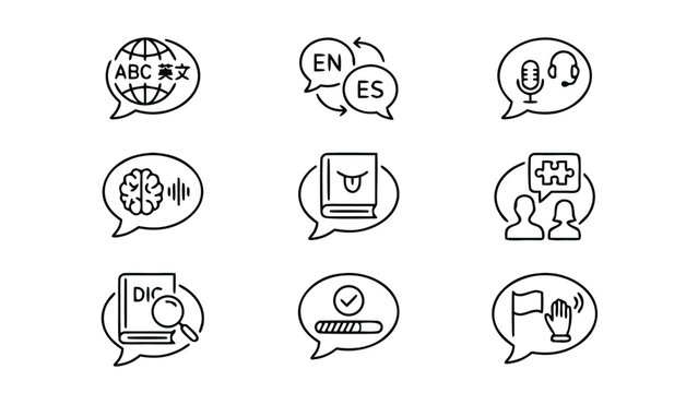 Minimalist Line Art Icon Set for Language Learning and Education Featuring Speech Bubbles with Translation, Vocabulary, Speaking, Listening, Dictionary, Brain, and Progress Bar Elements.