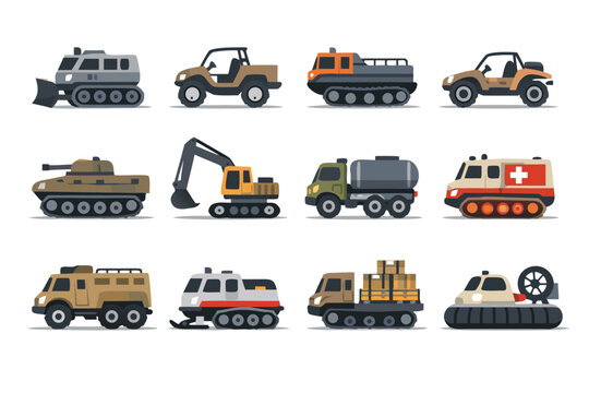 Vector Illustration Set of Specialized Tracked Vehicles and Off-Road Utility Icons Including Tank, Excavator, Ambulance, Hovercraft, Cargo Truck, Snowcat, and ATV for Rugged Terrain and Industry