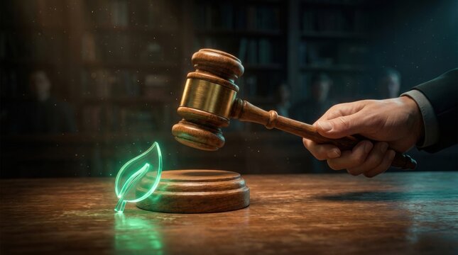Environmental Justice: A judge's gavel hovers over a glowing green leaf symbol on a wooden table, symbolizing the pursuit of environmental justice and legal protection for nature.