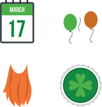 Collection of st. Patrick's day elements including a calendar, beard, balloons, and shamrock