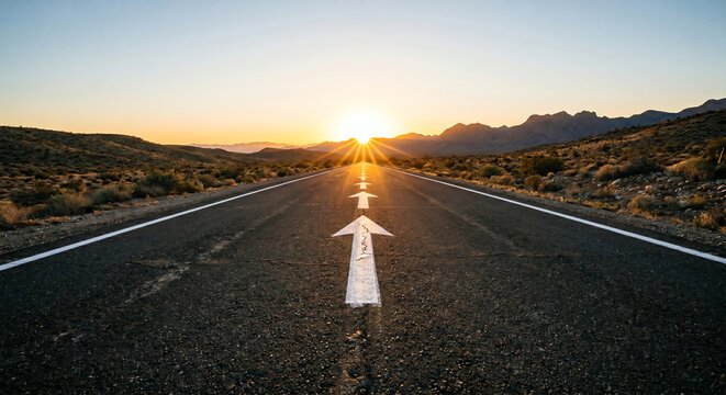 Long straight empty asphalt road with forward pointing white arrows leading to a bright sunrise over distant mountains