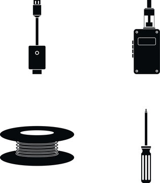 Vaping device, charging cable, coil wire, and screwdriver are icons of e cigarette accessories