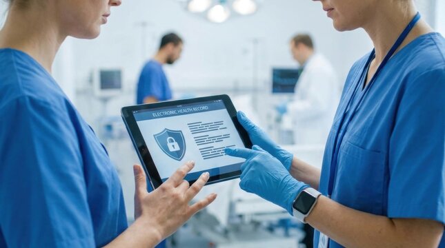Medical Professionals Discussing Digital Security: Two healthcare professionals in blue scrubs analyze data on a tablet featuring a digital security icon.