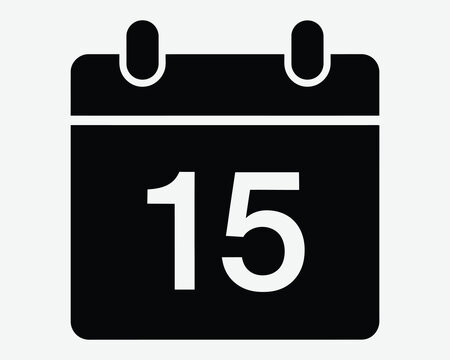 Black calendar icon with number fifteen isolated on white background