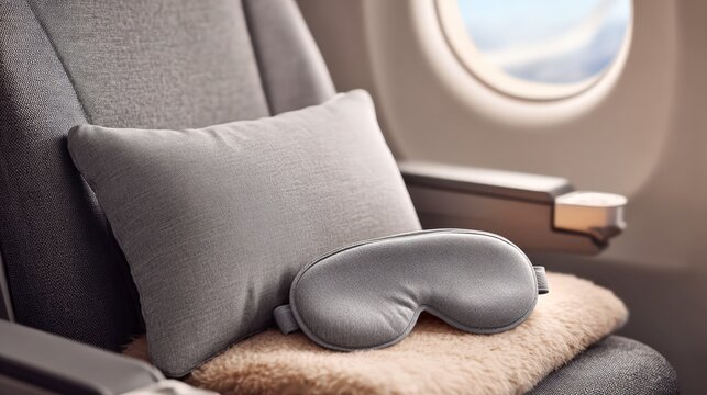 First class airplane seat set up for relaxation with a travel pillow, eye